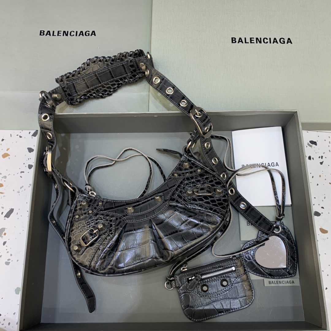 Balenciaga Le Cagole XS Shoulder Bag Crocodile Embossed Black